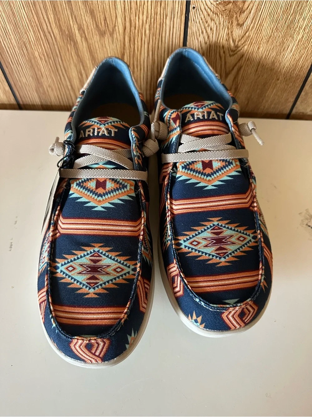 Ariat Men’s Hilo’s Navy Aztec-Pattern Slip-On Loafers w Orange Accents- NWT 12